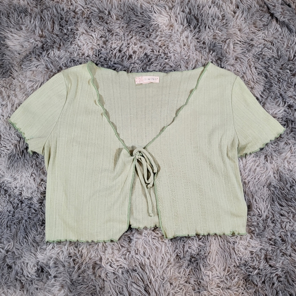 Timing Women's Large Light Green Short Sleeve Tie Front Cropped Cardigan